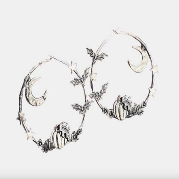 Silver Hoop Earrings Moon Stars Bats Pumpkins Goth Halloween Witch Whimsygoth - Picture 1 of 5